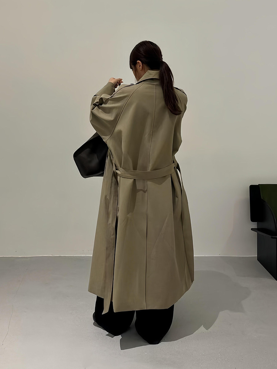 Autumn Winter Elegant High Neck Long Trench Coat For Women Pleated Hem Lace Up Jacket Windproof Overcoat Lady Outwear 251030