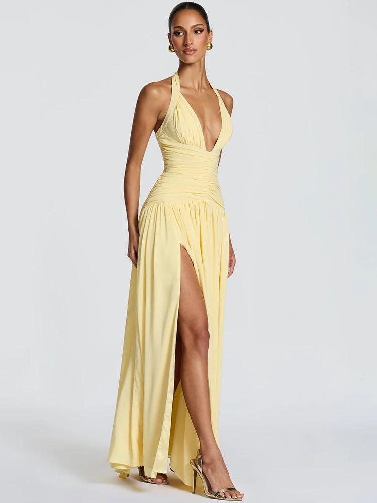 Mozision Halter Deep V Neck Sexy Maxi Dress Women Elegant Off-shoulder Sleeveless High Split Pleated Club Party Long Dress 260407