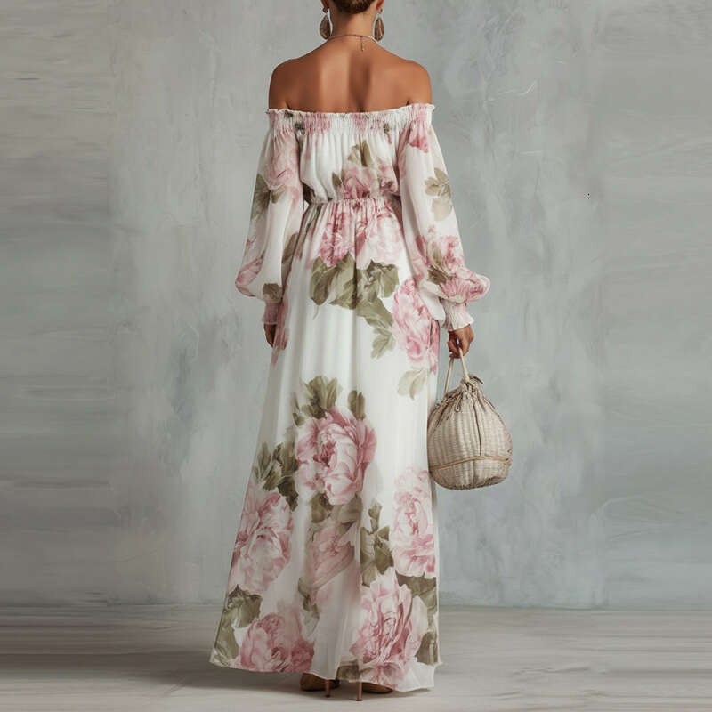 2026 New European And American Cross-Border Amazon Fashion Best-Seller Printed Off-Shoulder Lantern Sleeve Elegant Dress