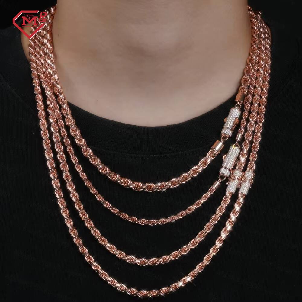 Wholesale Price 4mm 5mm Rose Gold Rope Chain Necklace 925 Silver Plated Custom Moissanite Clasp Rope Chain