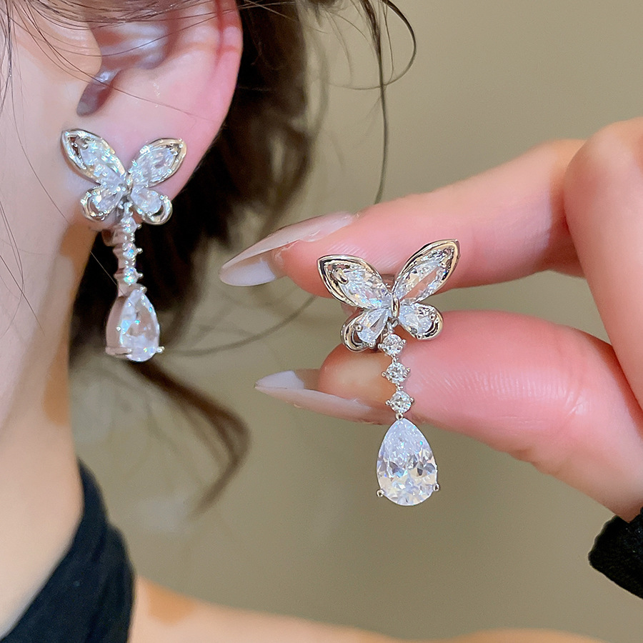 14k real gold plated zircon butterfly water drop ear clip 2026 new popular light luxury high-end women's earrings - view 3
