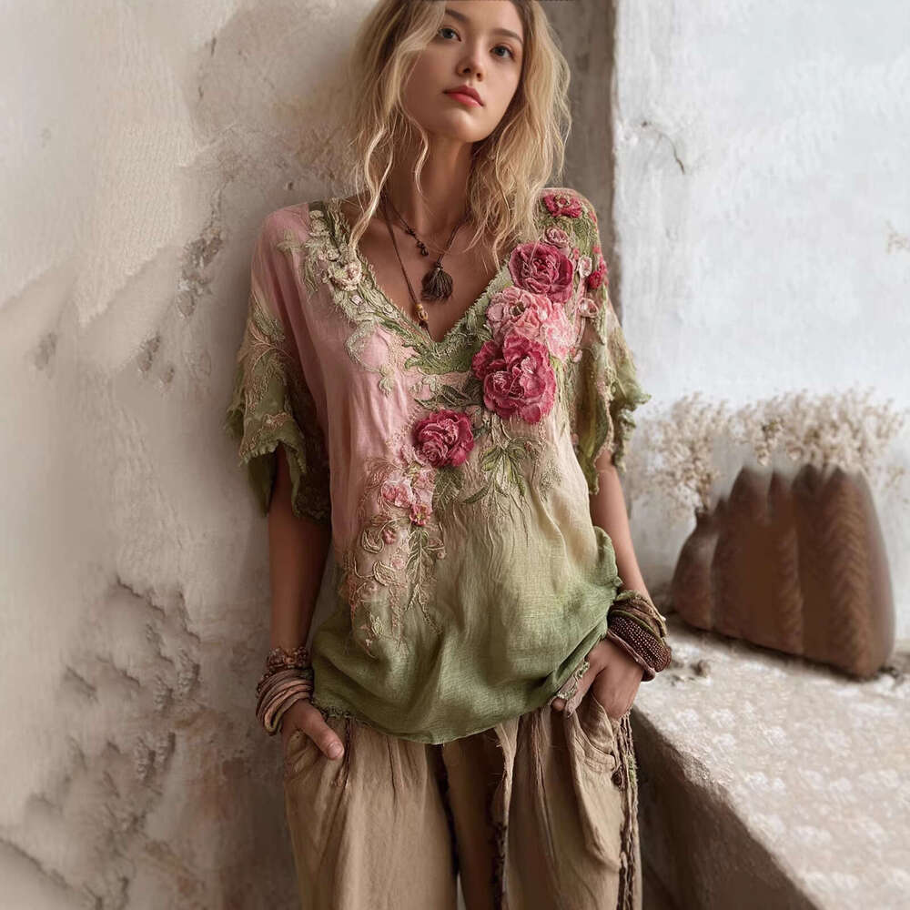 Cross-Border European American Summer New Style V-Neck Elegant And Artistic Retro Short-Sleeve Top For Women