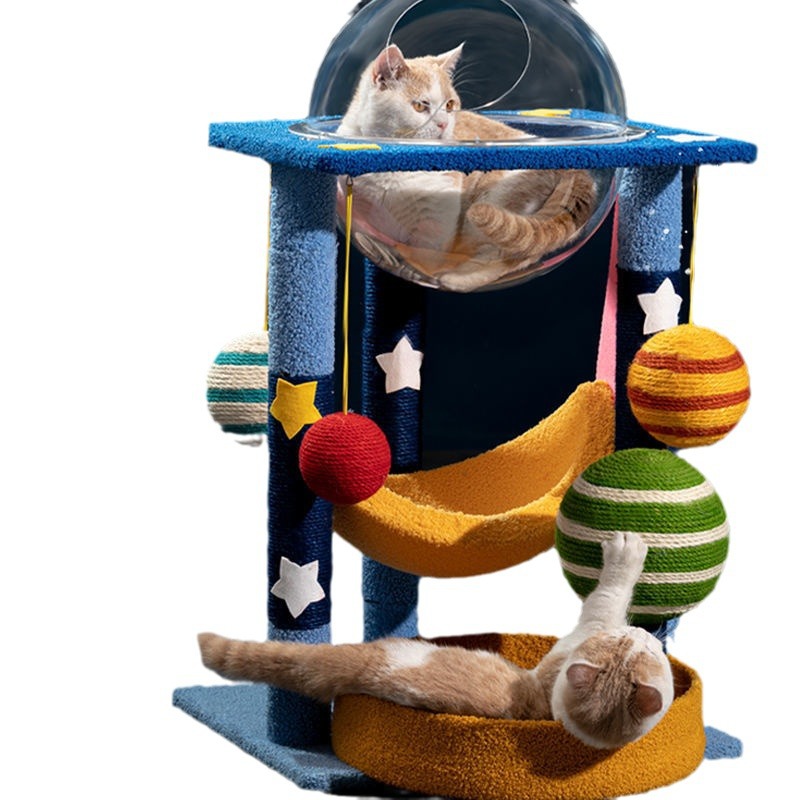 Stylish and trendy multi-level cat tree with scratching posts, condos and perches. It is scratch-resistant and suitable for all pets.