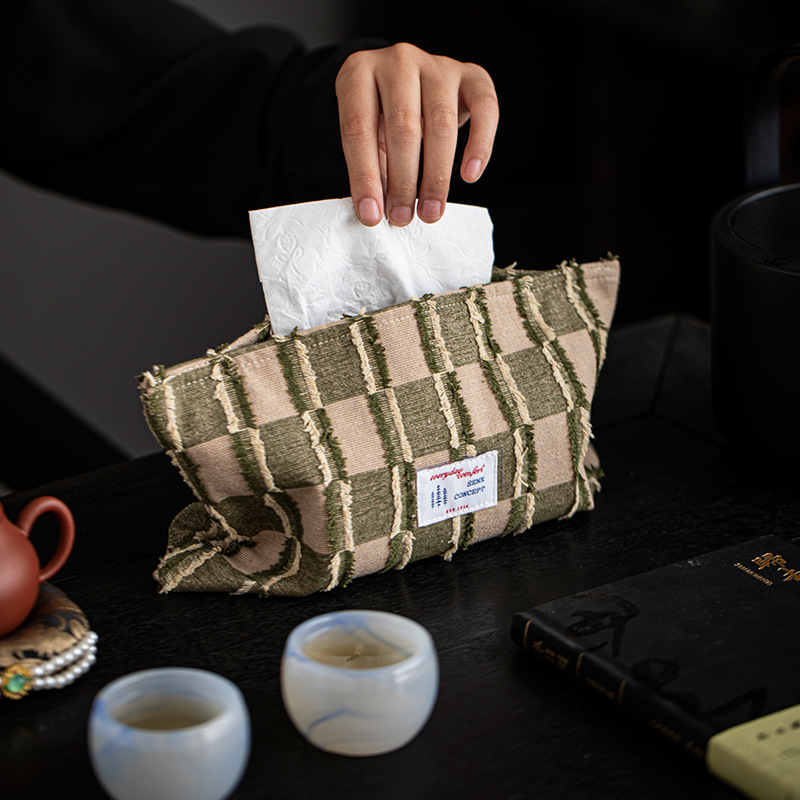 Tissue Box Cover Vintage Fabric Striped Neutral Style High End Forest Series Wabi Sabi Creative Tissue Cover For Homestay Bedroom Dining Coffee Table 