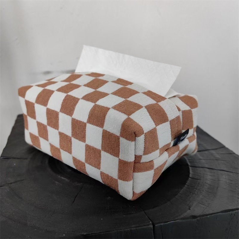 Tissue Box Cover Cotton Linen Embroidered French New Chinese Style Yellow White Camellia Plaid Pattern Fabric Tissue Storage Box