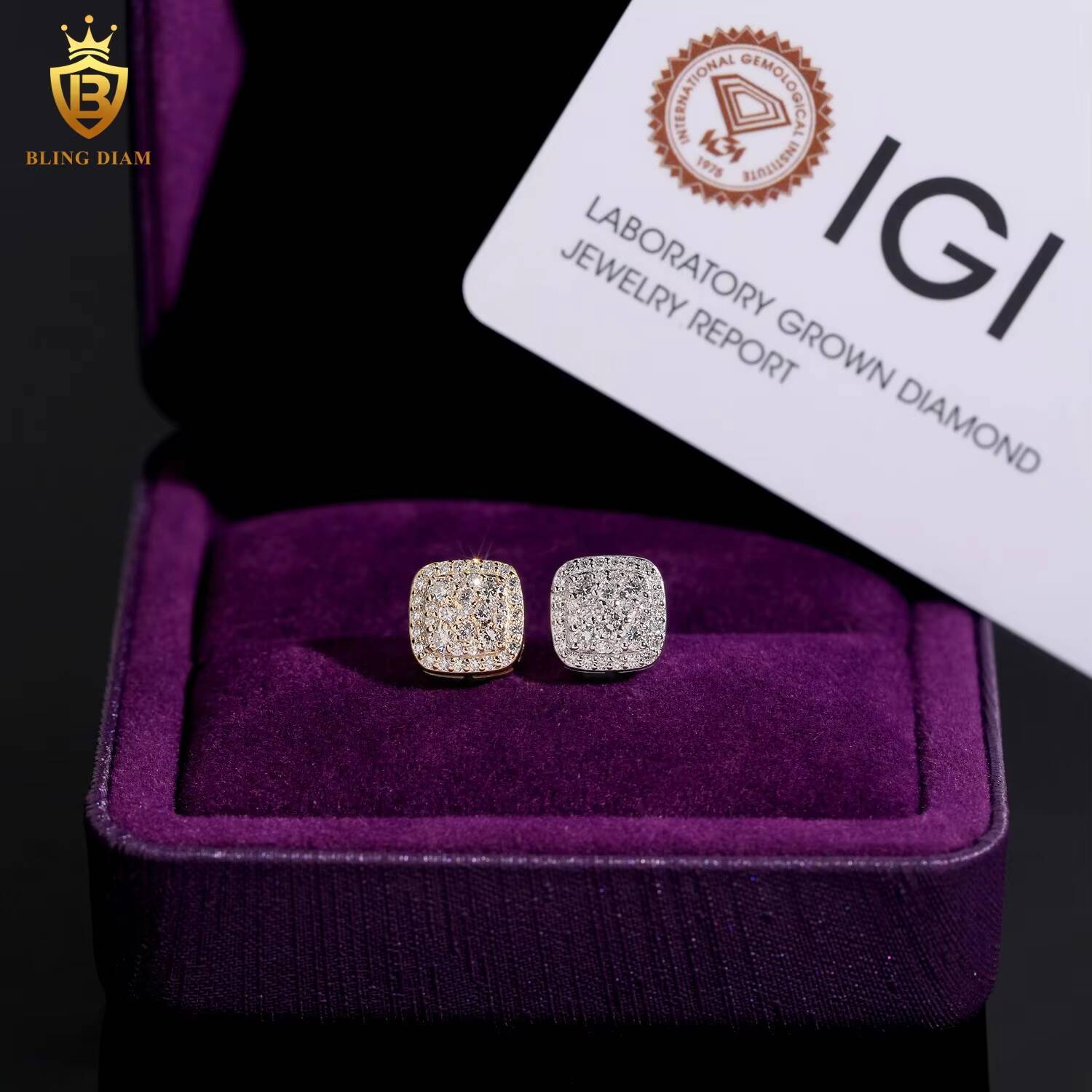 Luxury Jewelry Fine IGI LabGrownDiamondEarrings Studs Square 85mm for Women Man 925 Sterling Silver