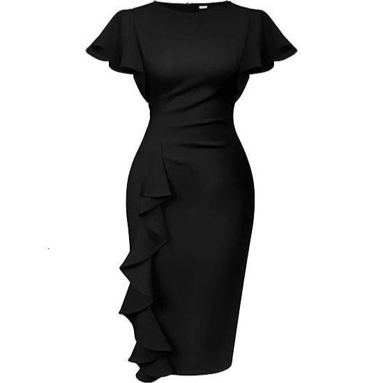 Summer Ruffle Dress Women Sexy Solid Hollow Out Sleeveless O Neck Asymmetric Slit Zipper Up Work Business Party Dress Women 240805