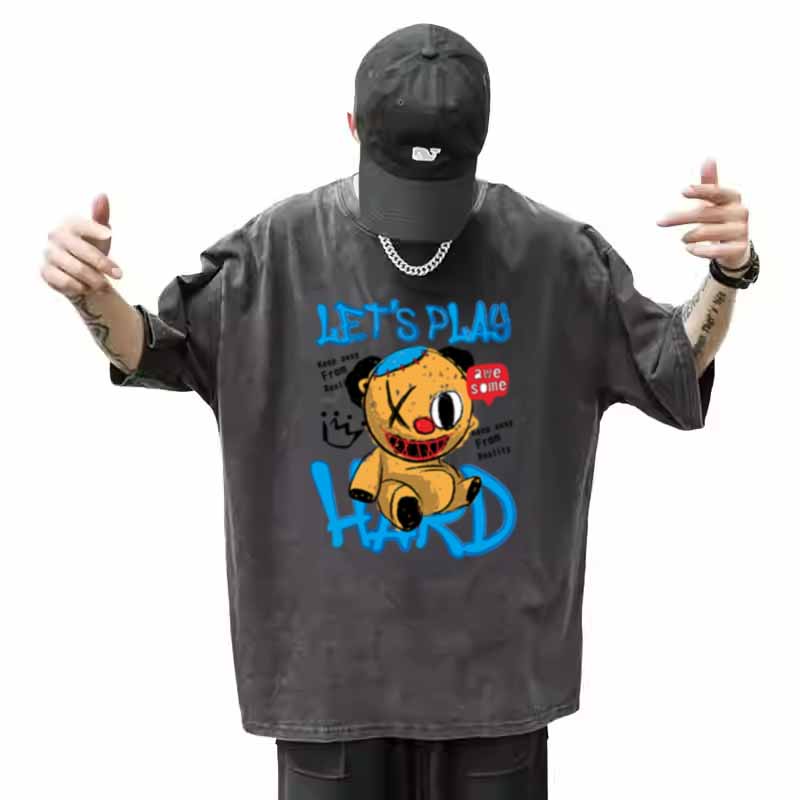 Vintage Washed Distressed T-Shirt, Men's Oversized Scary Bear Cartoon Graphic Tee, Streetwear Hip Hop Short Sleeve Top