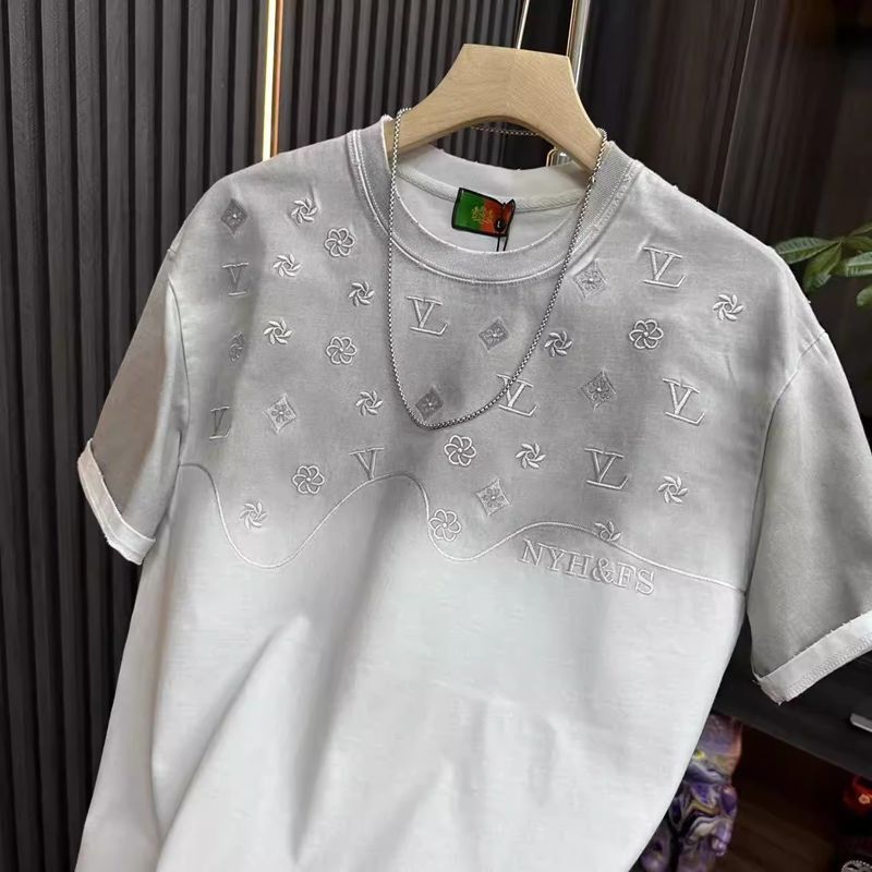 Luxury Brand Designer Clothes Men's Summer Round Neck Embroidered Short Sleeve T-Shirt New Trendy Gradient Fashion Versatile Casual Half Sleeve C