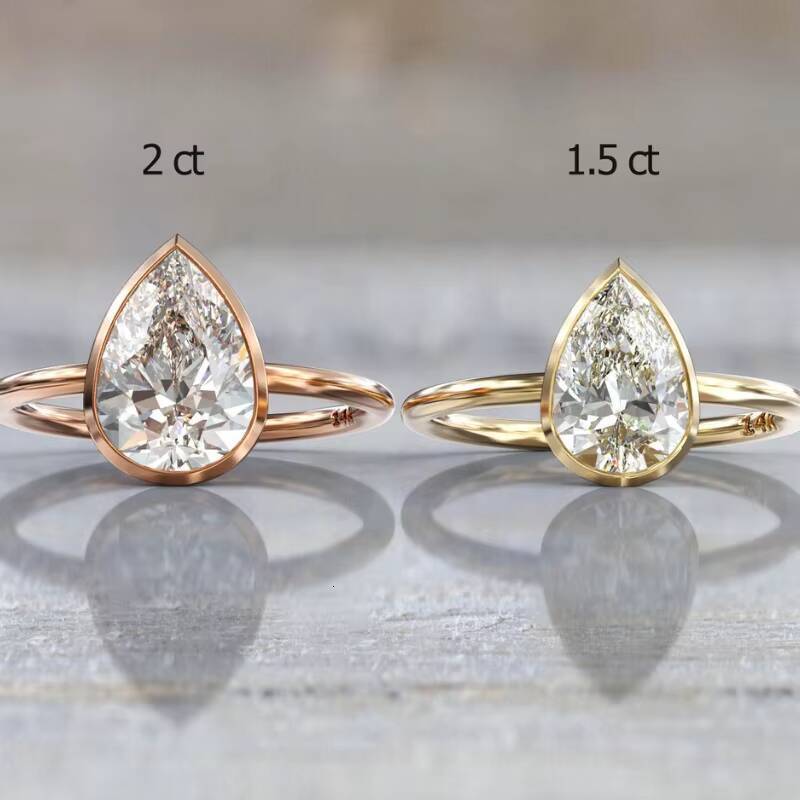 Custom Moissanite Ring DEF VVS Solitaire Pear Shape Bezel Setting Silver 10K 14K 18K Gold Moissanite Ring