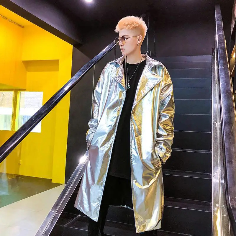 Mens Performance Long Trench Coat Shiny GoldSilver Capote Masculino for Night Club Stage Dance Cloak Cape Coat Long Sleeves 260407 - view 5