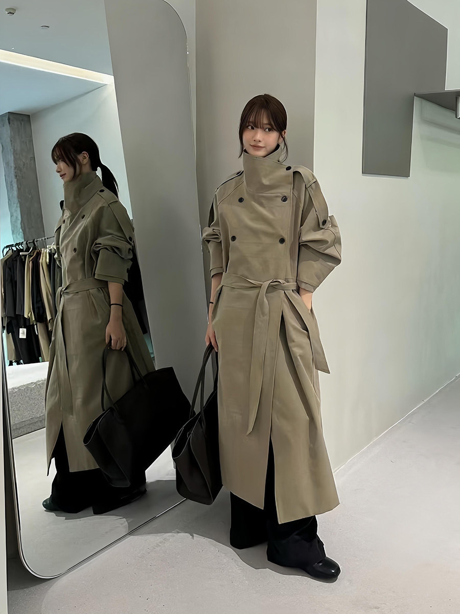 Autumn Winter Elegant High Neck Long Trench Coat For Women Pleated Hem Lace Up Jacket Windproof Overcoat Lady Outwear 251030