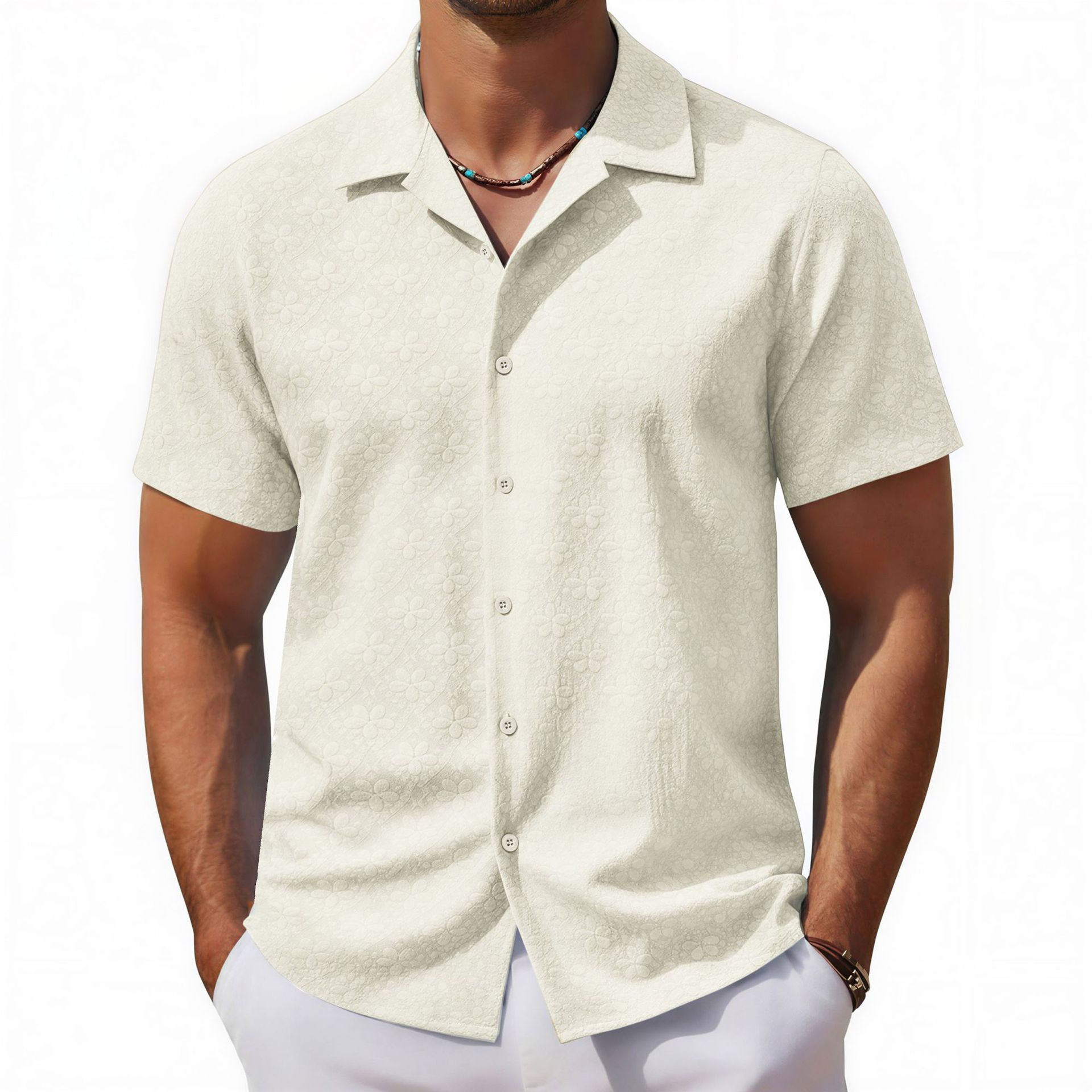 Luxury Brand Designer Clothes Foreign Trade Men's Clothing European And American Summer Men's Casual Shirt Jacquard Fabric Cuban Collar Shor