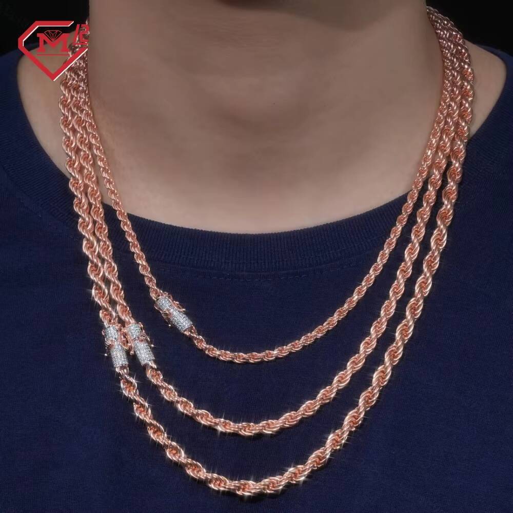 In Stock US 4mm 5mm 6mm Rope Chain Rose Gold Plated Silver 925 Moissanite Chasp Rope Necklace