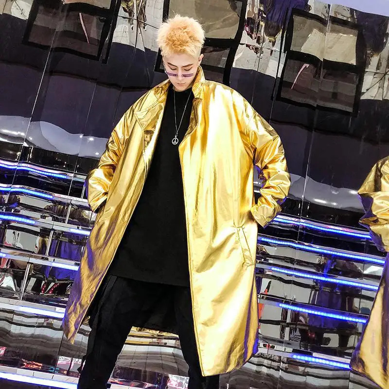 Mens Performance Long Trench Coat Shiny GoldSilver Capote Masculino for Night Club Stage Dance Cloak Cape Coat Long Sleeves 260407 - view 3