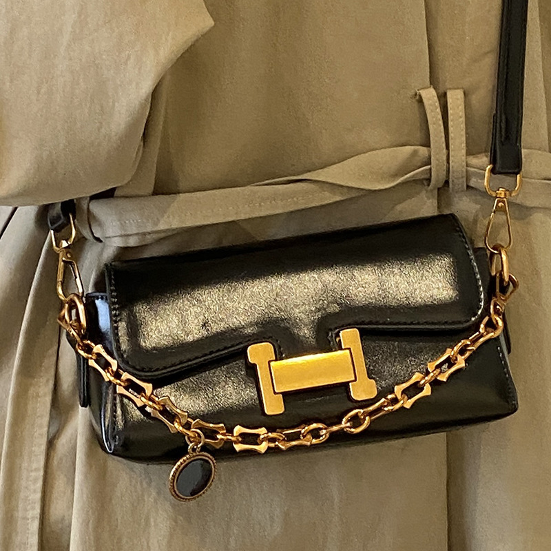 2026 New Arrival H-Buckle Flap Crossbody Bag for Women - Premium PU Leather Handbag with Gold Chain, Luxury Retro Shoulder Purse