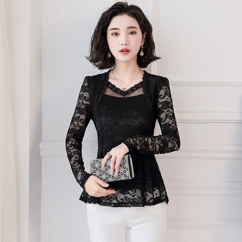 2025 Spring New Large Size Elegant Waist-Slimming Long Lace Blouse for Women Solid Color Suitable for Mothers 210317