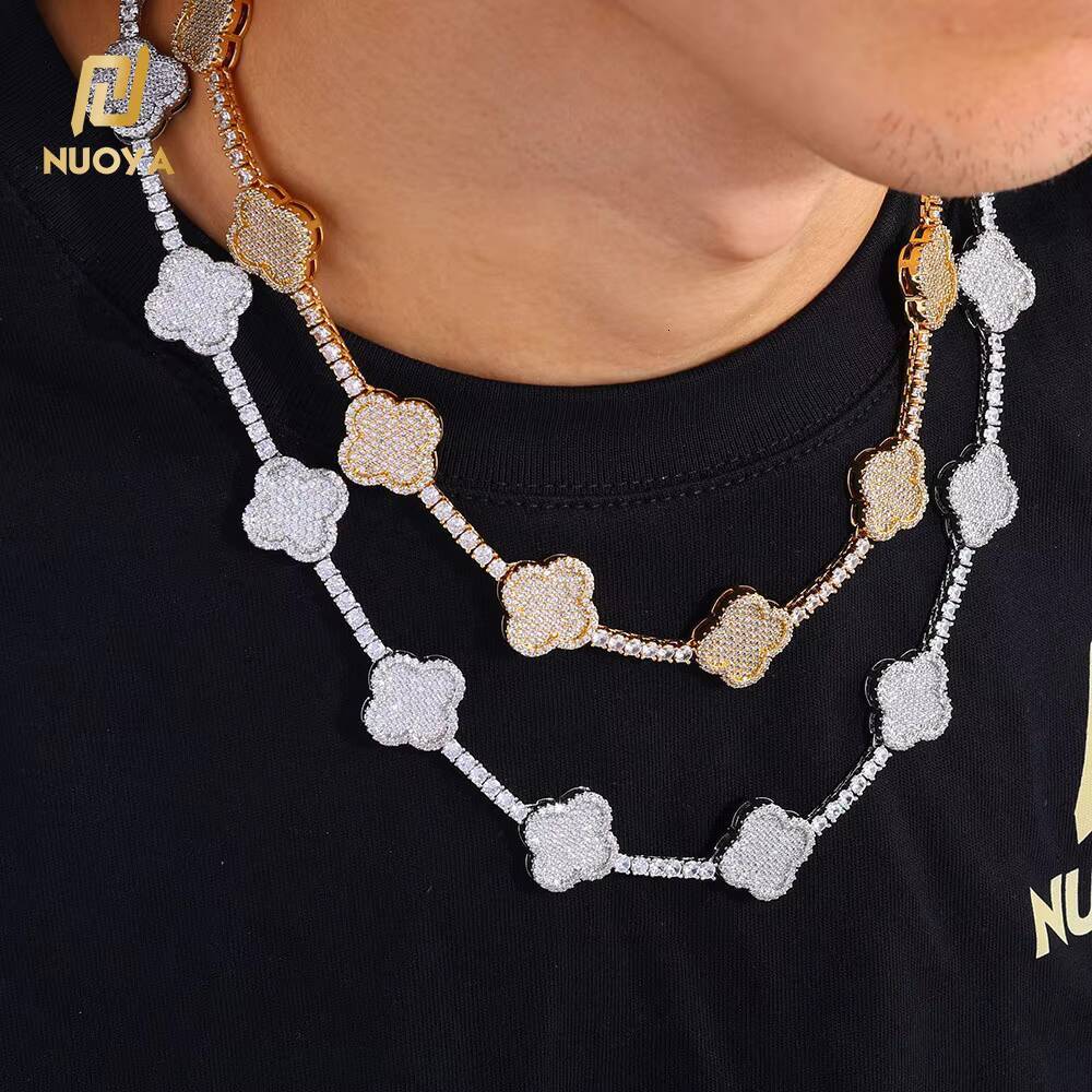 NUOYA 925 Silver VVS Moissanite Four-Leaf Clover Tennis Chain Necklace Luxury Bling Diamond Necklace Hip Hop Jewelry for Women