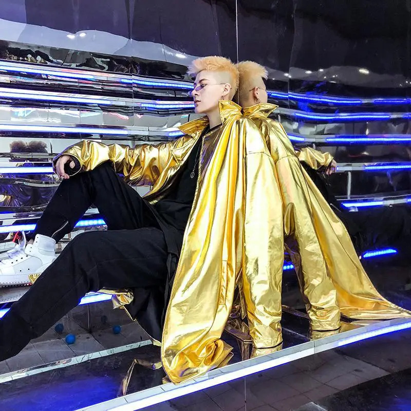 Mens Performance Long Trench Coat Shiny GoldSilver Capote Masculino for Night Club Stage Dance Cloak Cape Coat Long Sleeves 260407 - view 6
