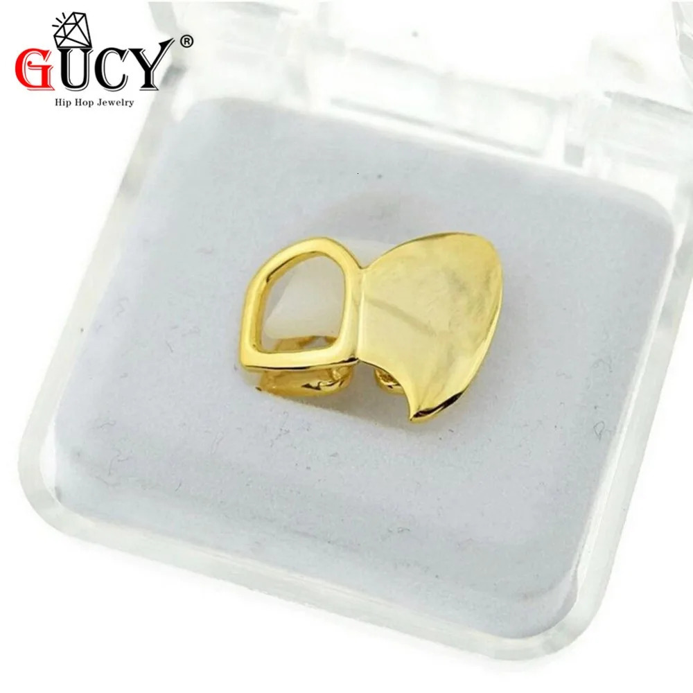 GUCY Hip Hop Double Cap Fang Yellow Gold Color Plated Canine Two Tooth Upper Top Left Fangs Hollow Teeth Grills 260407