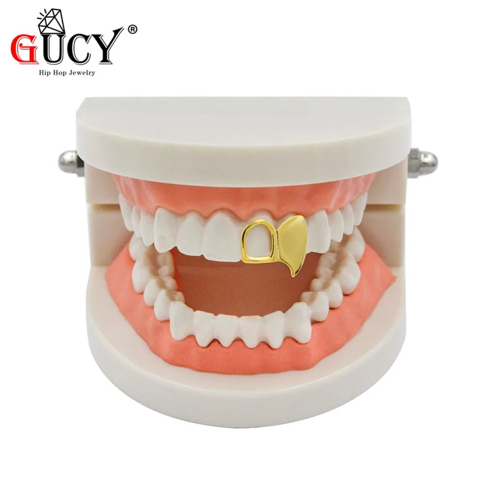 GUCY Hip Hop Double Cap Fang Yellow Gold Color Plated Canine Two Tooth Upper Top Left Fangs Hollow Teeth Grills 260407