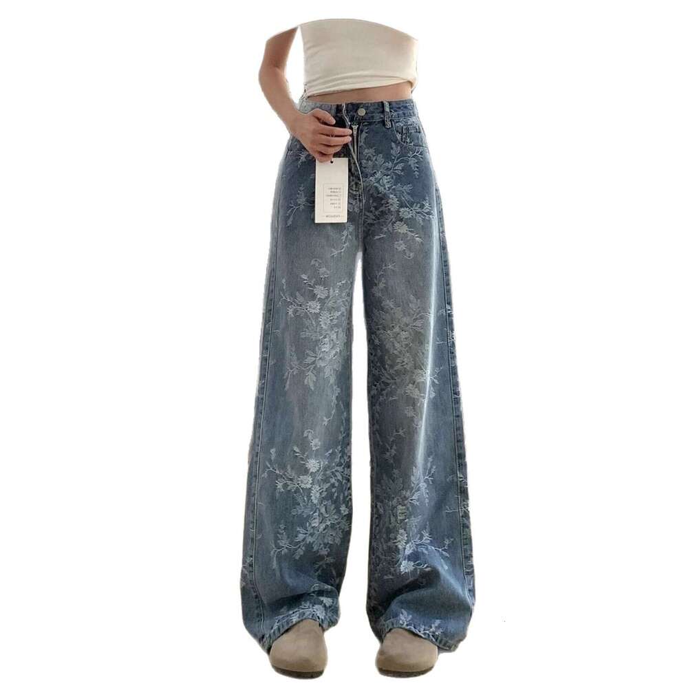 Jacquard Embroidered Women's Jeans Early Autumn High-Waisted Loose Wide-Leg Vintage Straight-Leg Long Pants Floor-Length Available For - view 6