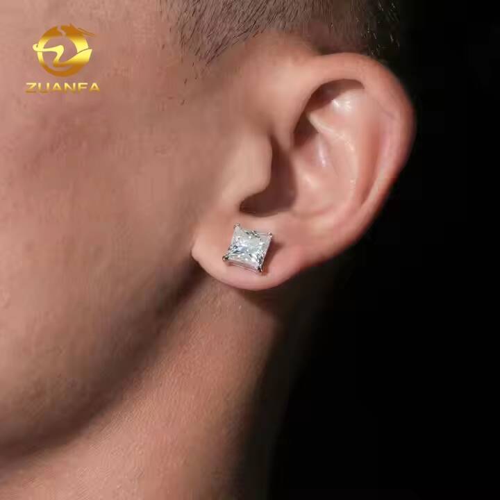 Wholesale Fashion Jewelry Princess Cut Single Diamond Ear Studs VVS Moissanite 925 Sterling Silver Stud Earring for Men Women