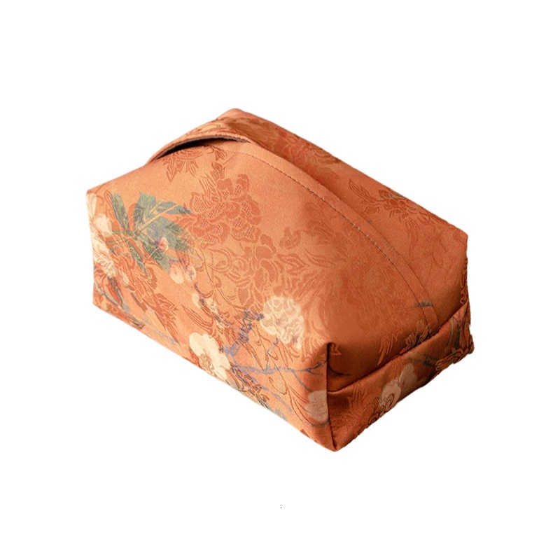 Tissue Bag New Chinese Style Light Luxury Orange Camellia Pattern Fabric For Tea Room Hotel Car Home Storage