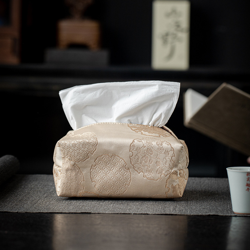 Tissue Box Chinese Style Light Luxury Black Leather Texture Gold Embossed Pattern Zen Tea Table Holder Living Room Household Tissue Cover