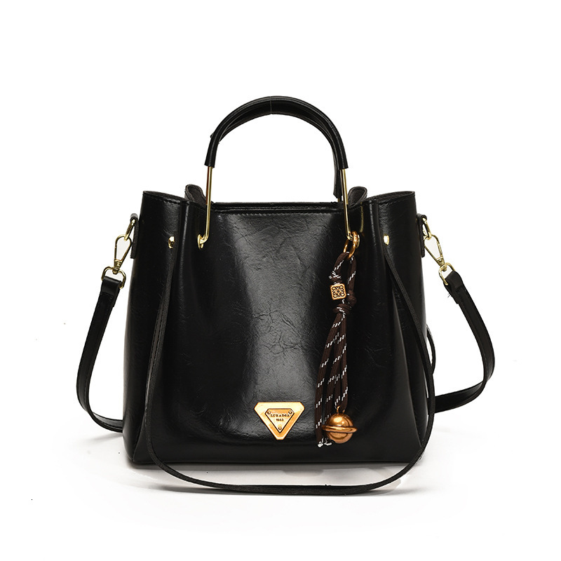 Large Capacity Leather Bucket Bag, Women's Black Handbag with Dual Carry Ways, Spacious Laptop Tote for Work