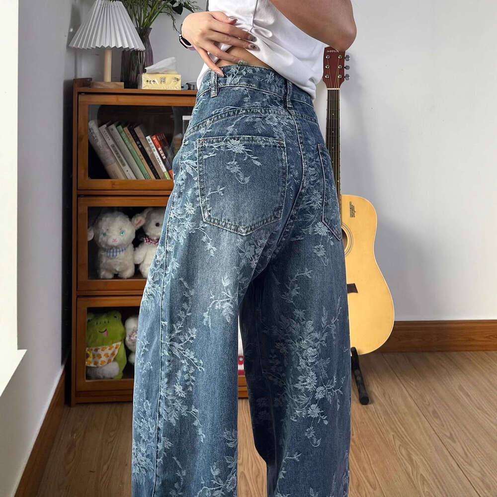Jacquard Embroidered Women's Jeans Early Autumn High-Waisted Loose Wide-Leg Vintage Straight-Leg Long Pants Floor-Length Available For - view 4
