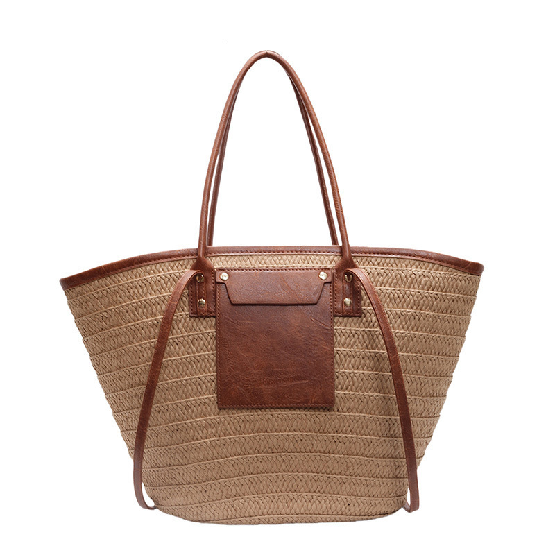 Large Straw Woven Tote, Women's Woven Beach Shoulder Bag with Leather Pocket, Trendy 2026 Casual Travel Tote for Summer