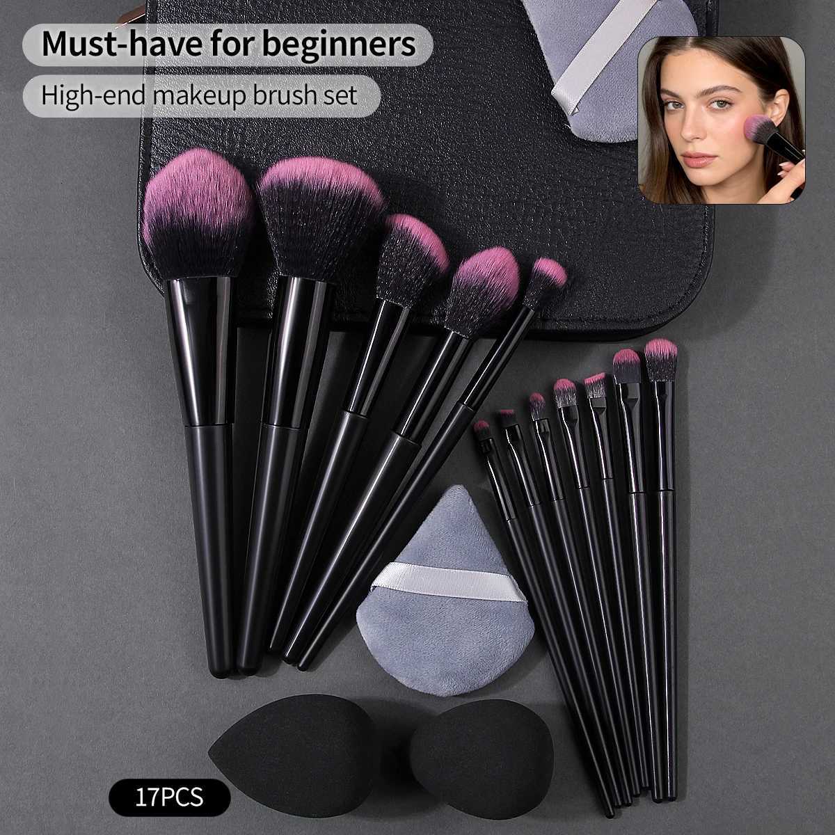 17PCS Portable Makeup Brush Set - Multi-purpose Facial Brush Set Super Soft Sponge/Blotting Pad Large Capacity Storage Bag Z260408