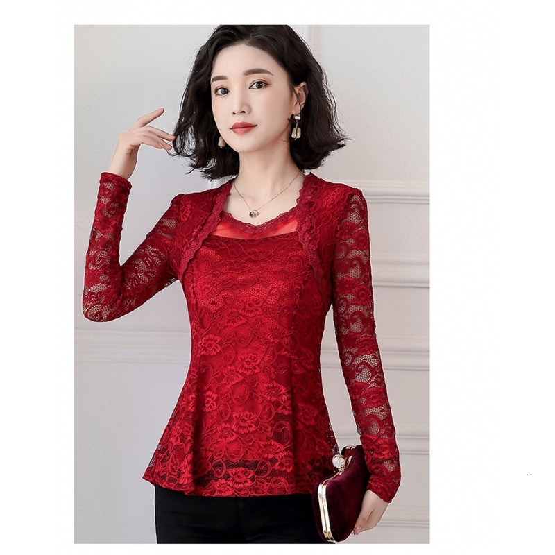 2025 Spring New Large Size Elegant Waist-Slimming Long Lace Blouse for Women Solid Color Suitable for Mothers 210317