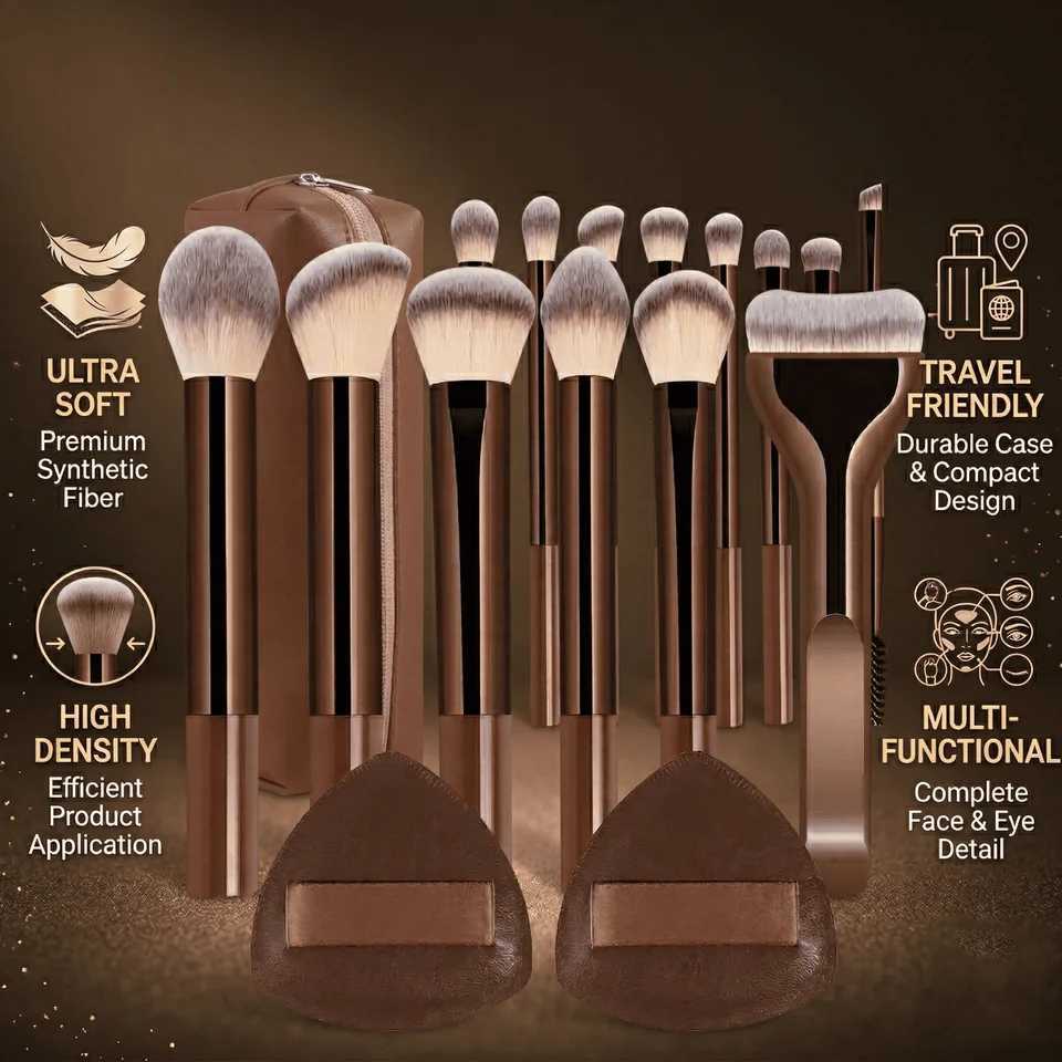 13PcsProfessional Makeup Brush Set With Bag and 2 Puffs Cosmetic Brush Set Metal Frame Multiple Brushes Including Eyeshadow Z260408