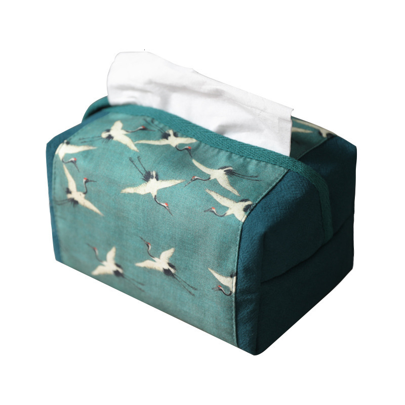 Tissue Box Cover Elegant Chinese Ancient Painting Style Crane Pattern High Luxury Canvas Tissue Holder Home Decor