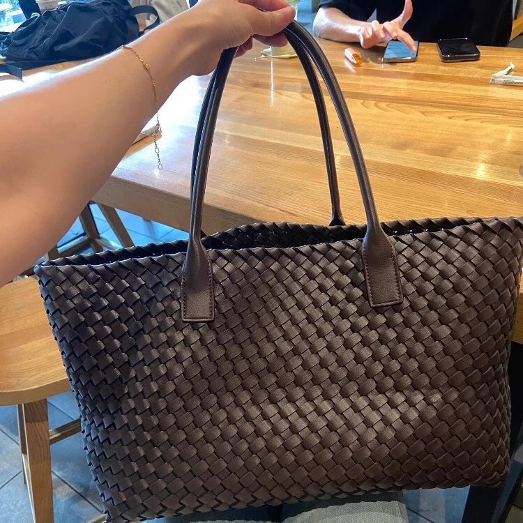 Hand Woven PU Large Capacity Tote Bag Double Top Handle Open Top Casual Shopping Shoulder Handbag For Daily Travel
