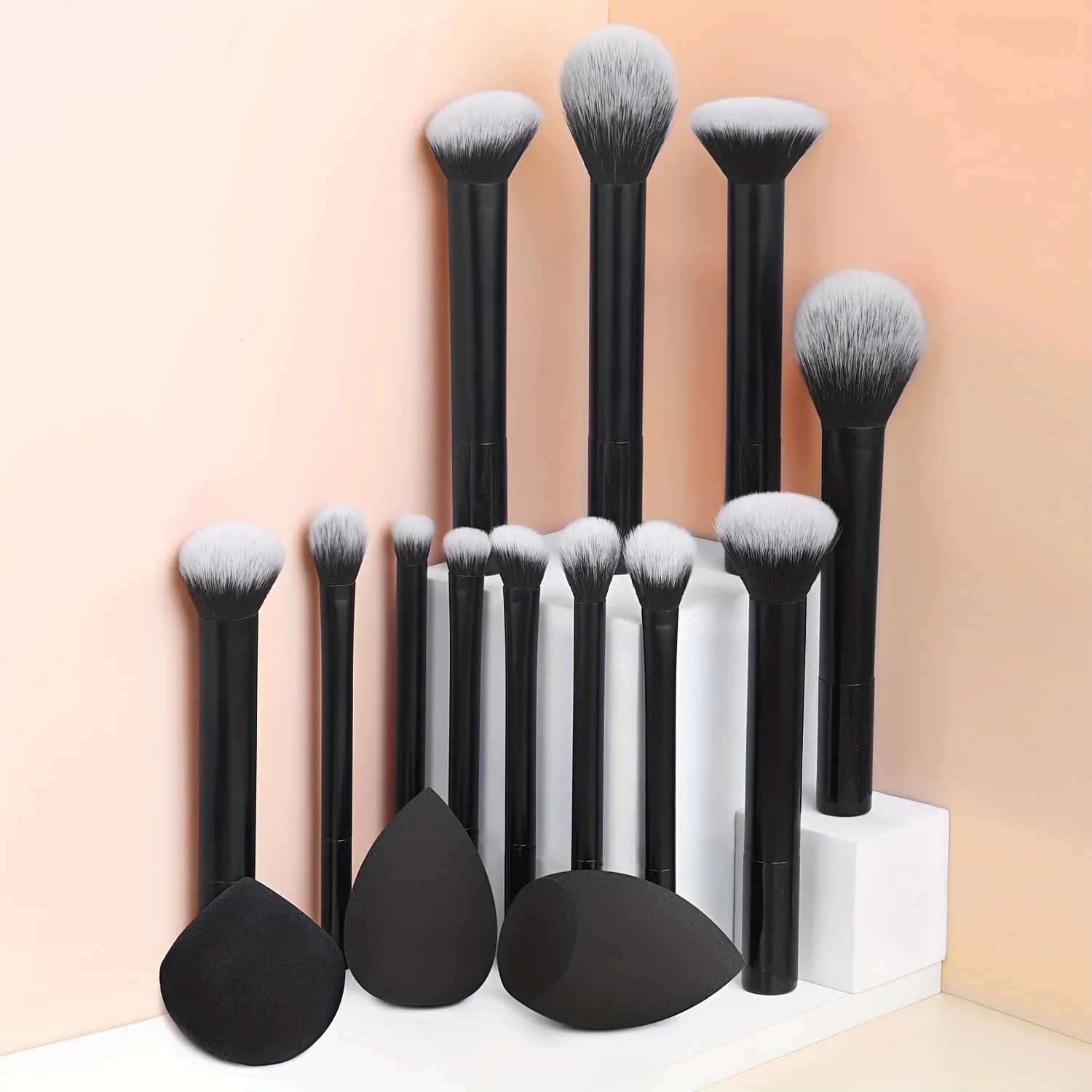 12-Piece Classic Full Makeup Brush Set with Angled and Teardrop Blenders 1 Powder Puff - Professional Application Tools Nylon Z260408