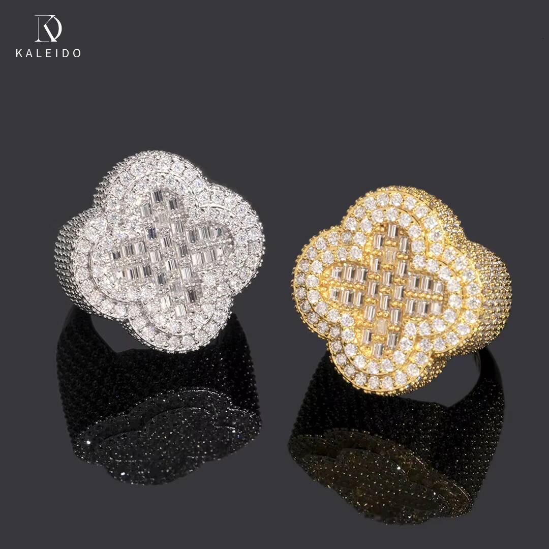 Kaleido Wholesale Hip Hop Jewelry 925 Sterling Silver Gold Plated Men Cuban 4 Four Leaf Clover Rings Vvs Moissanite Iced Out