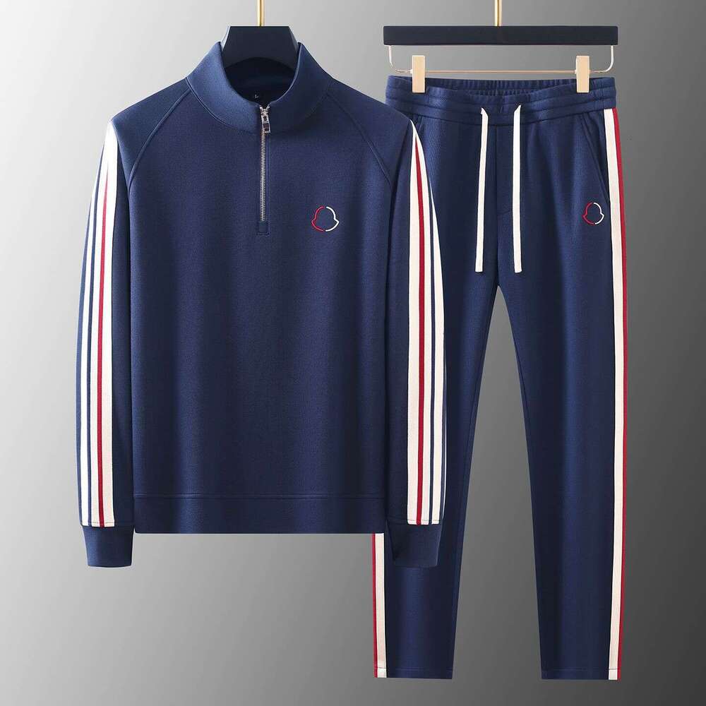 Spring And Autumn High-End Stand-Up Collar Long-Sleeve Suit For Men, Trendy Brand Fashion Breathable Webbing Color-Blocking Sports Casual Two-Piece Se