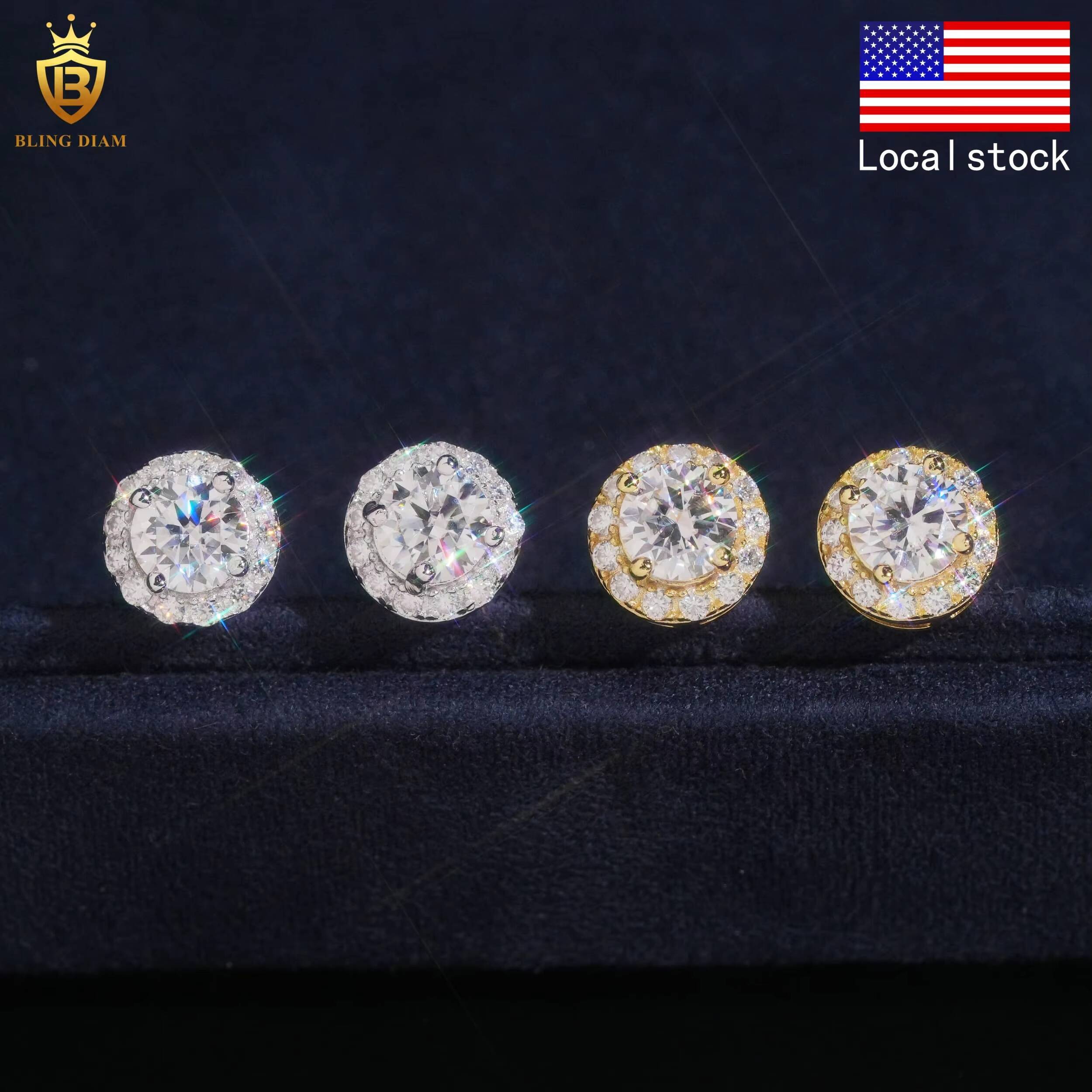USA Local Stock High Quality Hip Hop Style 5MM 925 Silver Halo Design Moissanite Diamond Stud Earrings Men