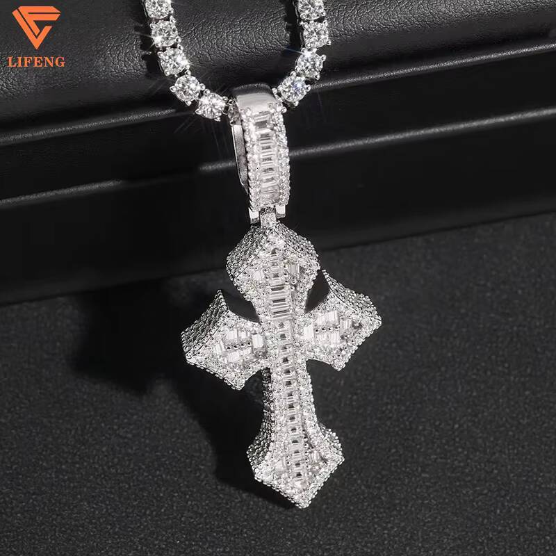 Lifeng Jewelry Custom Baguette Hip Hop Fashion 925 Sterling Silver Full Iced Out Vvs Moissanite Cross Pendant Necklace for Men
