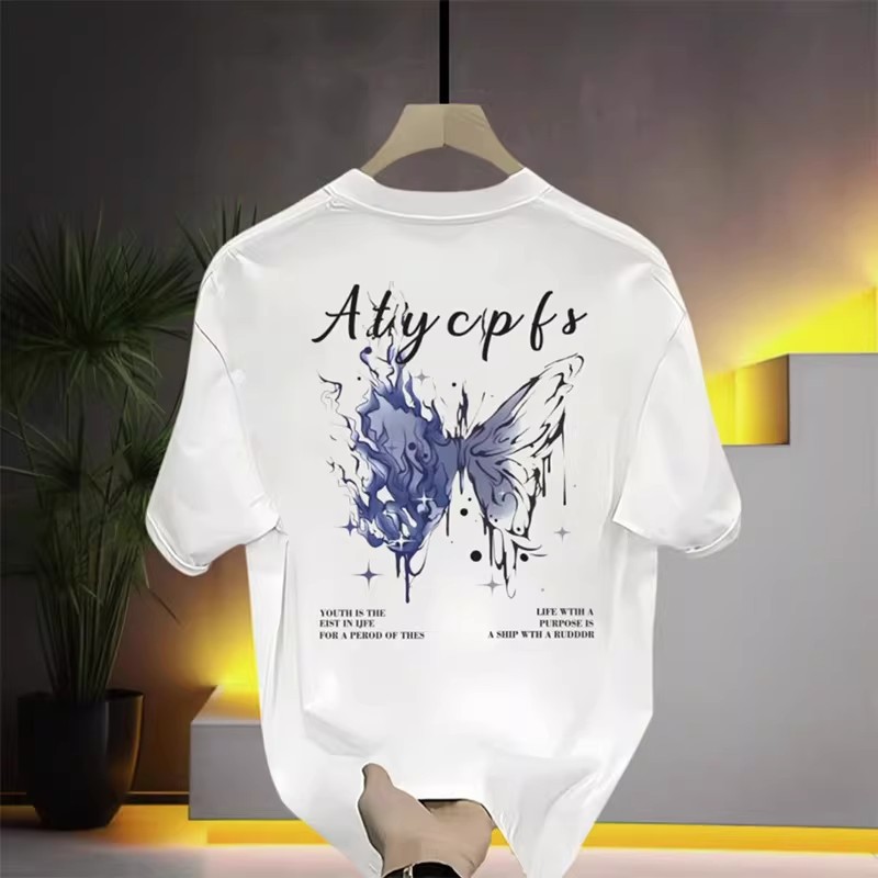 Summer New Arrivals Men's American Heavyweight Tees | Butterfly Print Streetwear Loose Couples Short-Sleeve Base Tops