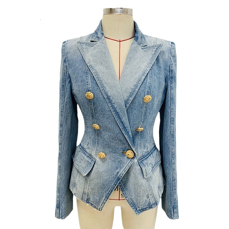 Chic Women Double Breasted Slim Waist Demin Blazers Coat Spring Cowboy Cardigan OL Turn-down Collar Jeans Jacket Outwear Tops 240321