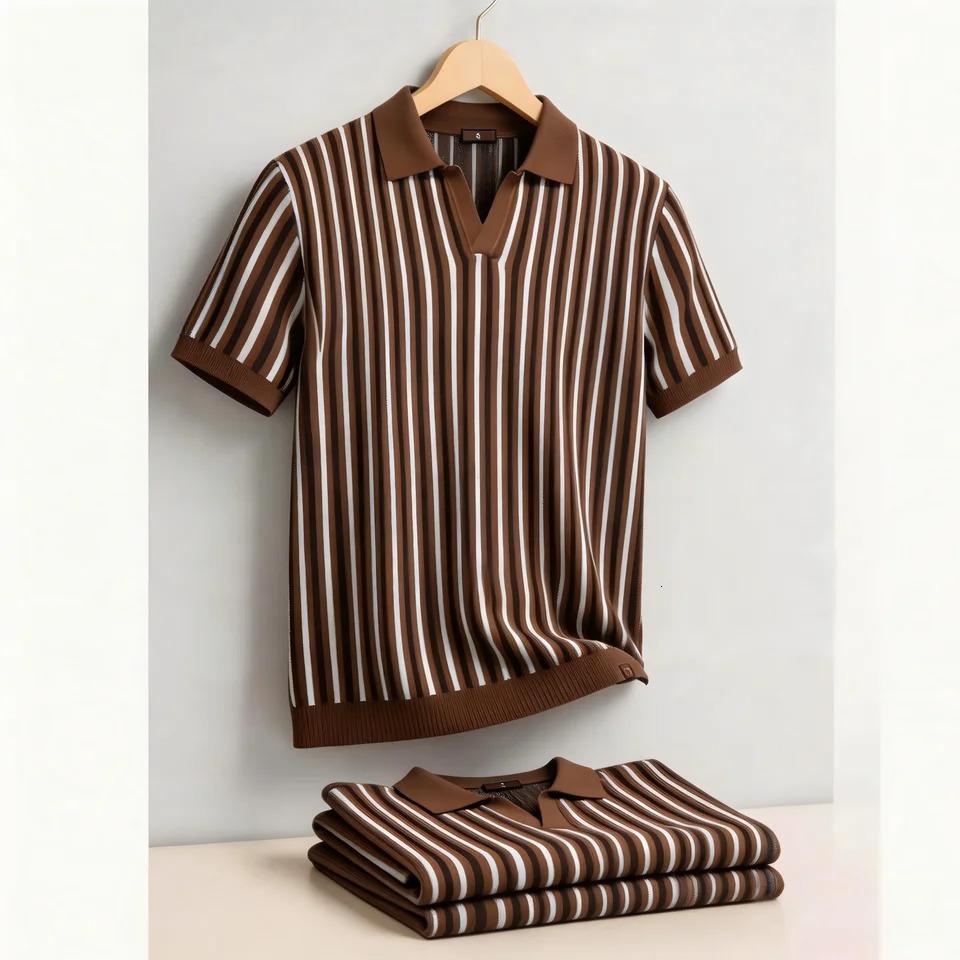Summer Mens Polo Shirts 2026 Stripe n Ice Silk Short Sleeve Cool Touch Breathable Casual Outdoor Polo Shirt for Men 260407