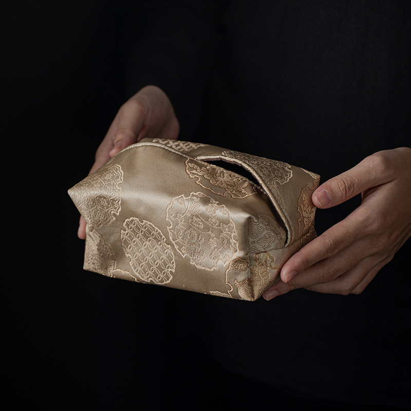 Tissue Box Chinese Style Light Luxury Black Leather Texture Gold Embossed Pattern Zen Tea Table Holder Living Room Household Tissue Cover