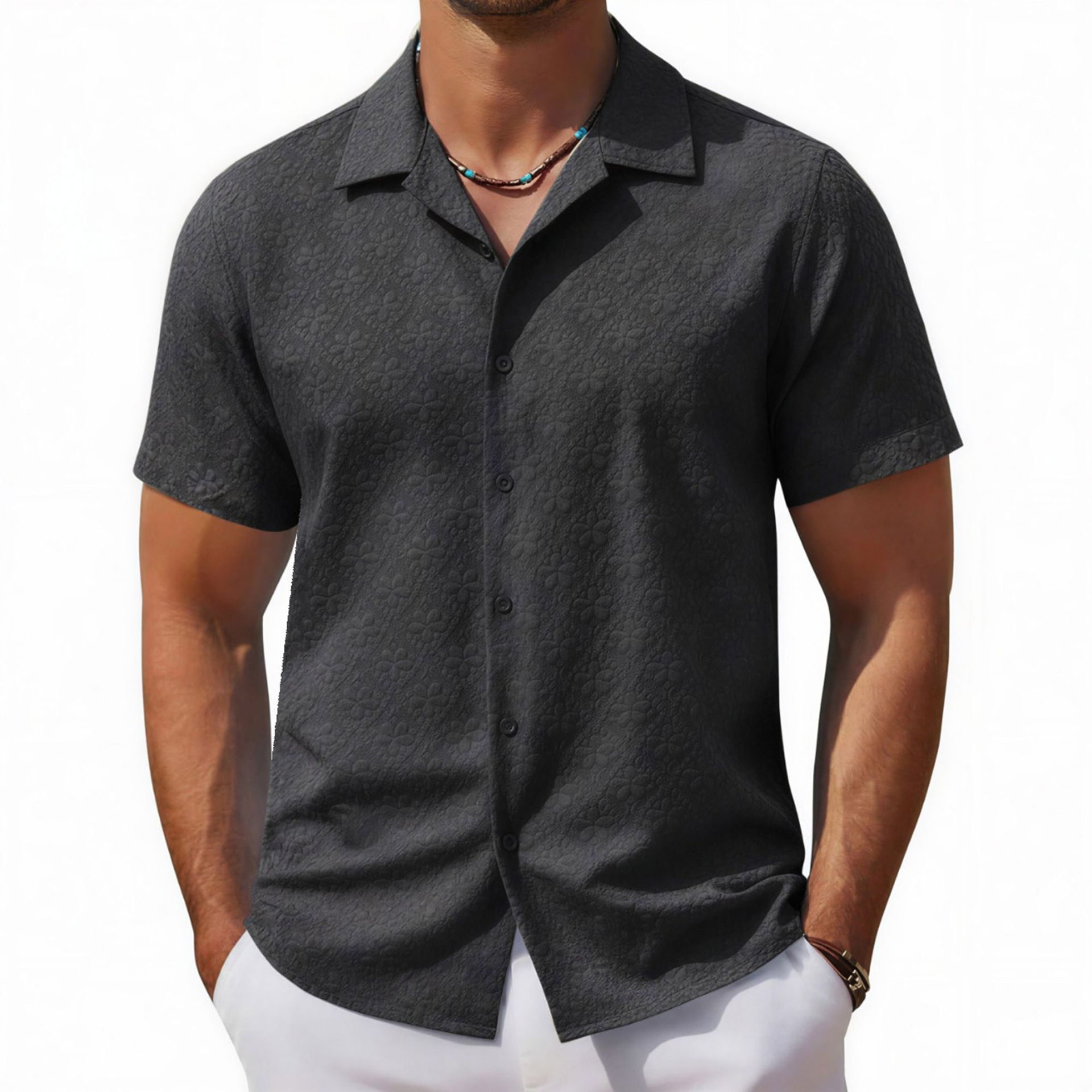 Luxury Brand Designer Clothes Foreign Trade Men's Clothing European And American Summer Men's Casual Shirt Jacquard Fabric Cuban Collar Shor