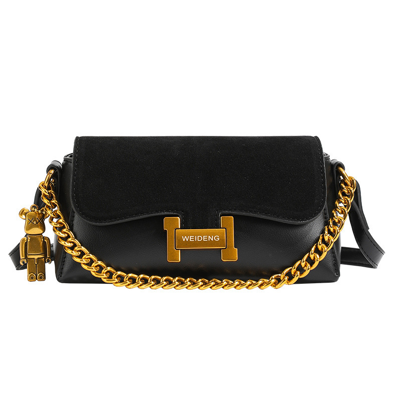 WEIDENG Contrast Flap Bag with Bear Charm for Women, 2026 New Arrival Suede & Leather Crossbody, Perfect for Dating, Shopping & Travel
