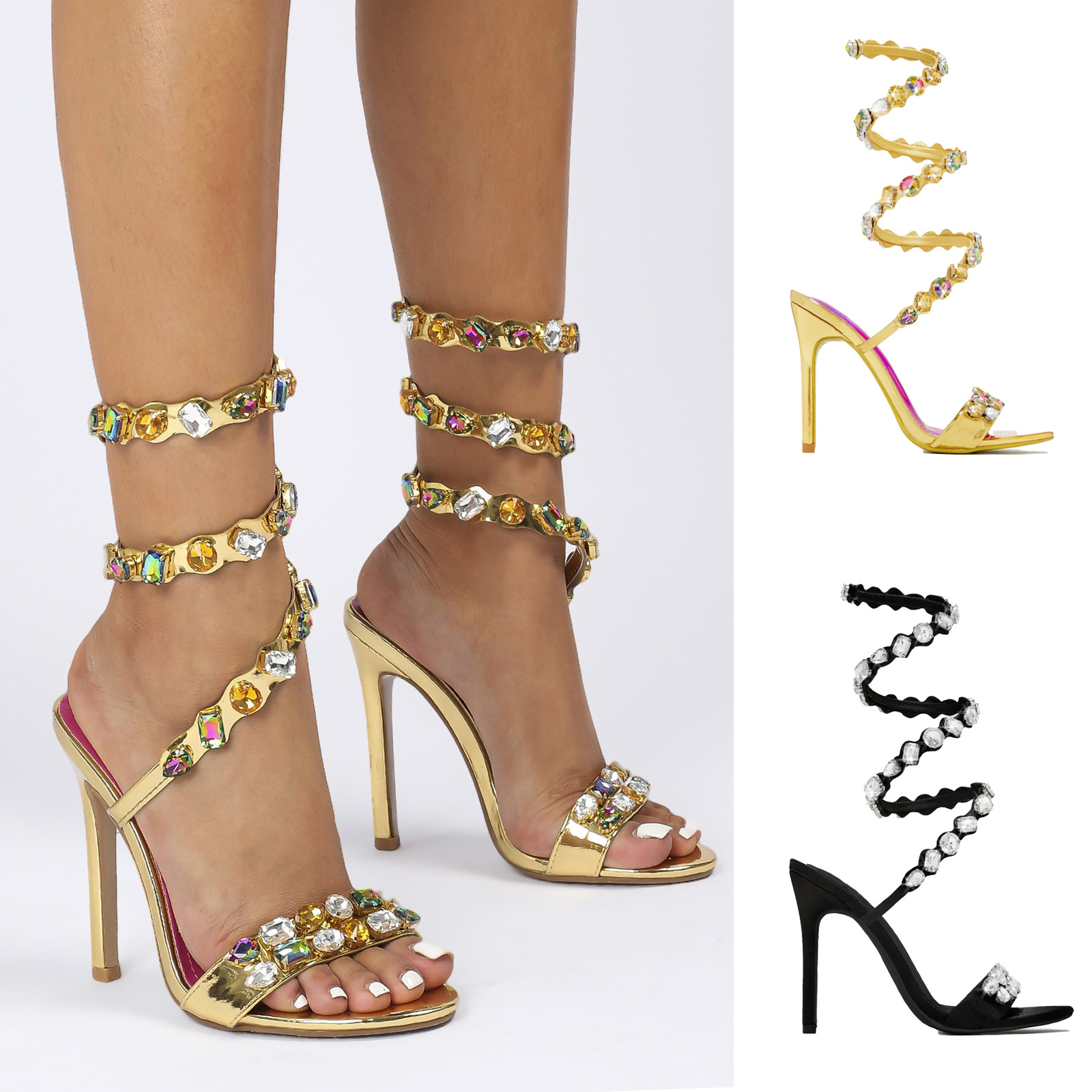 Sandals New Black-Gold 11cm Stiletto Small Round Toe Satin Rhinestone High Heel Sandals Summer Studded Glitter Dress Heels for Women