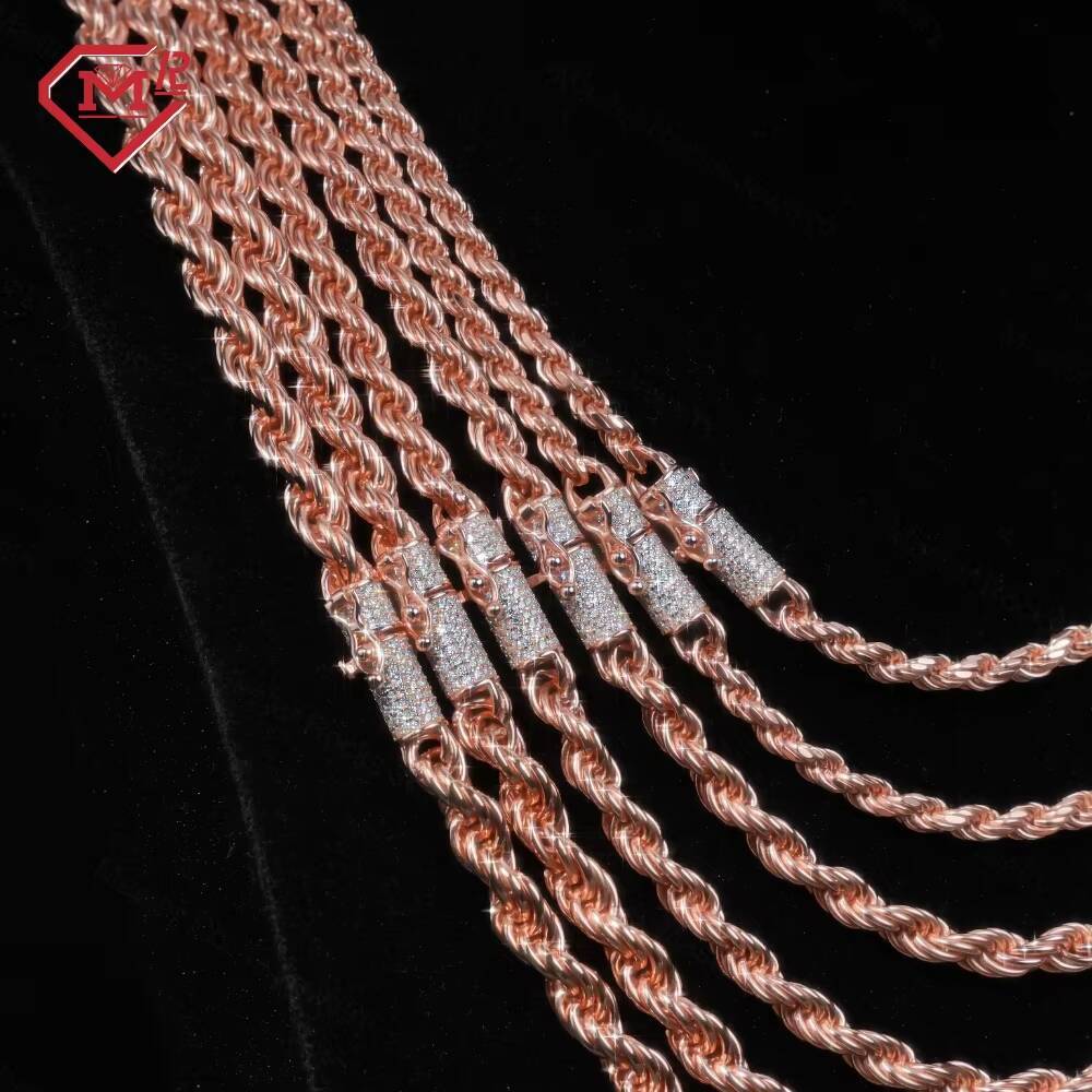 In Stock US 4mm 5mm 6mm Rope Chain Rose Gold Plated Silver 925 Moissanite Chasp Rope Necklace
